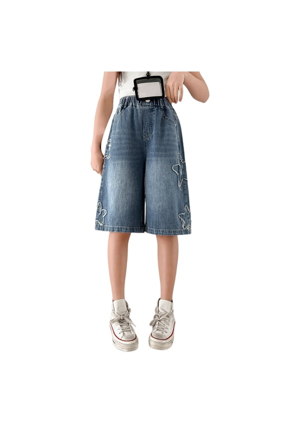 Girls Elastic Waist Wide Leg Denim Shorts With Star Patches Raw Edge Design Loose Casual Streetwear Shorts For Kids Daily Playdates Summer Outdoor Activities Versatile Bottoms