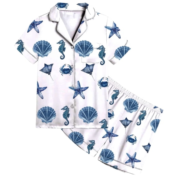 FINALGANG Girls Fashion Print 2 Piece Homewear Set Kids Short Sleeve Button Front Lapel Top Elastic Waisted Shorts Outfit For Casual Daily Home Relaxation Trendy Set