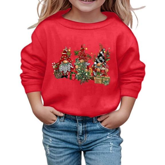 FINALGANG Girls Hoodies Christmas Cartoon Graphic Printed Long Sleeve Round Neck Pullover Top Girl Leisure Birthday Wedding Weekend Sweatshirt,Red,110