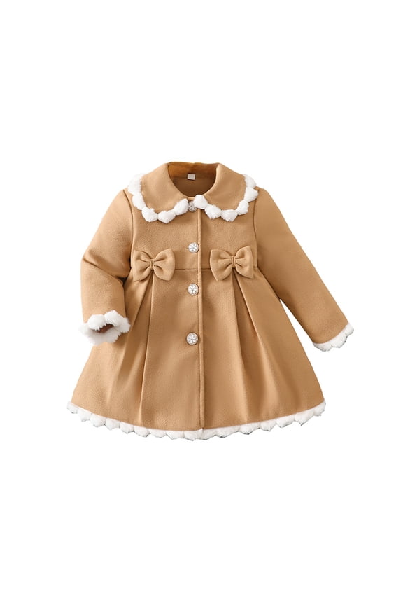 Girls Jacket Warm Bow Trim Long Sleeve Peter Pan Collar Button Coat With Pockets Girls Trendy Indoor Outdoor Wear Jacket,Khaki,4Y