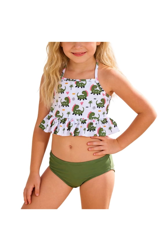 Girls Kids 2 Piece Bikini Set Dinosaur Prints Ruffled Hem Halter Top Stretchy Briefs Bottoms Bathing Suit For Summer Swimming Water Activities Stylish Swimwear
