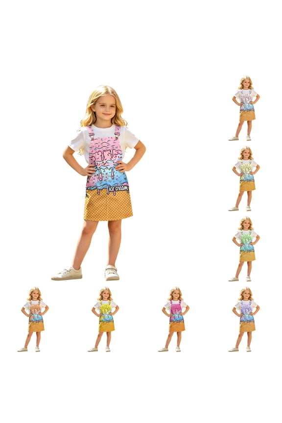 Girls Kids Adjustable Strap Bib Overall Skirt With Gradient Ice Cream Waffle Cone Letter Print A Line Loose Fit For Daily Outdoor Play Summer Casual Outings Trendy Skirts