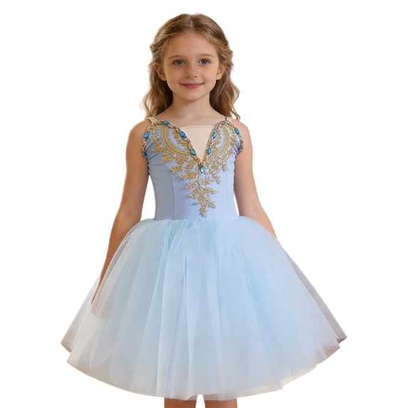 FINALGANG Girls Kids Ballet Tutu Dress Gold Embroidery Gemstone Decor Sleeveless V Neck Ballerina Performance Dress For Performance Party Wear Blue 13-15 Years