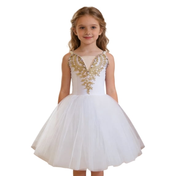 FINALGANG Girls Kids Ballet Tutu Dress Gold Embroidery Gemstone Decor Sleeveless V Neck Ballerina Performance Dress For Performance Party Wear White 6-7 Years