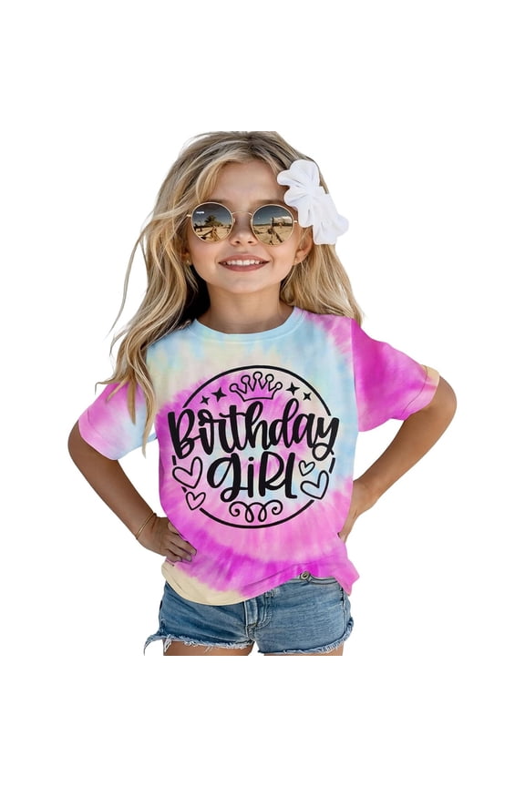 Girls Kids Birthday Girl Glitter Print Short Sleeve TShirt Crew Neck Casual Lightweight Party Tee For Kids Daily Wear Versatile Top