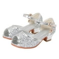 thumbnail image 1 of FINALGANG Girls Kids Blue Glitter Peep Toe Mid Heel Mary Jane Shoes With Rhinestone Strap Gold Charm Lace Edge Soft Cushioned Insole Sandals For Party Daily Wear Soft Shoes, 1 of 8
