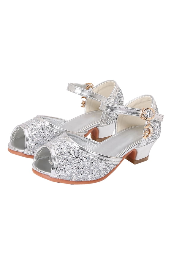 Girls Kids Blue Glitter Peep Toe Mid Heel Mary Jane Shoes With Rhinestone Strap Gold Charm Lace Edge Soft Cushioned Insole Sandals For Party Daily Wear Soft Shoes