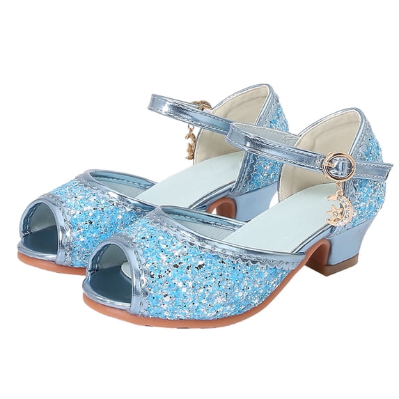 FINALGANG Girls Kids Blue Glitter Peep Toe Mid Heel Mary Jane Shoes With Rhinestone Strap Gold Charm Lace Edge Soft Cushioned Insole Sandals For Party Daily Wear Cozy Shoes
