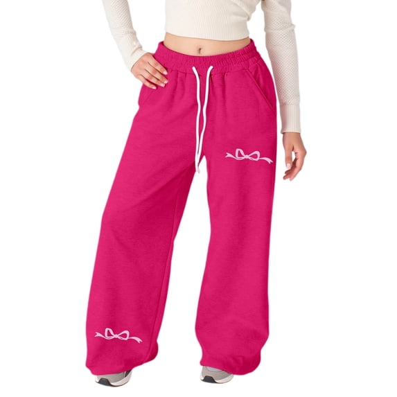 FINALGANG Girls Kids Bow Print High Waisted Wide Leg Sweatpants Drawstring Waist Baggy Casual Pants With Pockets For Daily Wear Hot Pink 11-12 Years