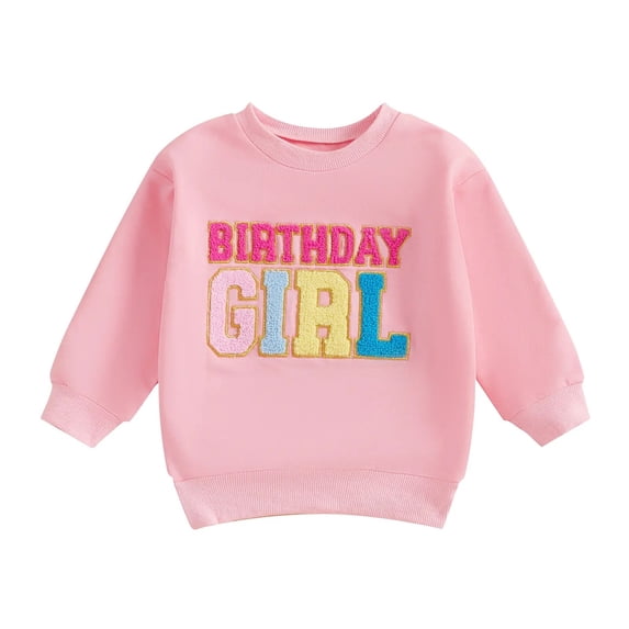 FINALGANG Girls Kids Casual Long Sleeve Sweatshirt Birthday Colorful Letter Embroidery Crewneck Loose Fit Pullover For Casual Daily Wear Pink 2-3 Years