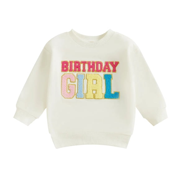 FINALGANG Girls Kids Casual Long Sleeve Sweatshirt Birthday Colorful Letter Embroidery Crewneck Loose Fit Pullover For Casual Daily Wear White 18-24 Months