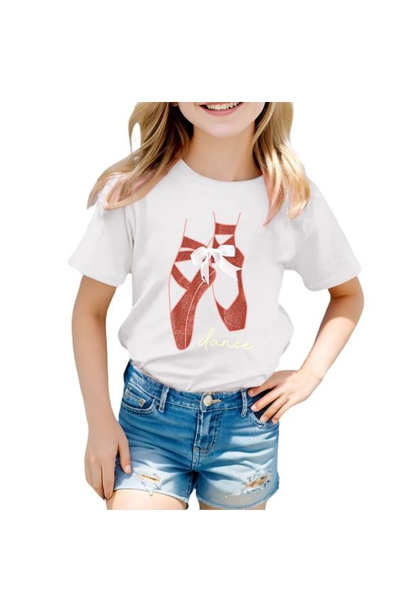 Girls Kids Casual Short Sleeve TShirts Cartoon Ballet Pointe Shoes Bow Print Crewneck Loose Fit Tees For Casual Daily Wear White 10-11 Years