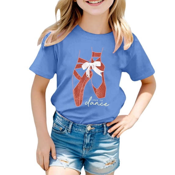 FINALGANG Girls Kids Casual Short Sleeve TShirts Cartoon Ballet Pointe Shoes Bow Print Crewneck Loose Fit Tees For Casual Daily Wear Blue 4-5 Years