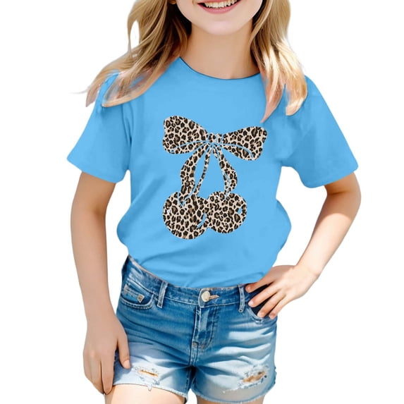 FINALGANG Girls Kids Casual Short Sleeve TShirts Leopard Print Cherry Bow Graphic Crewneck Loose Fit Tees For Summer Daily Wear Blue 10-11 Years