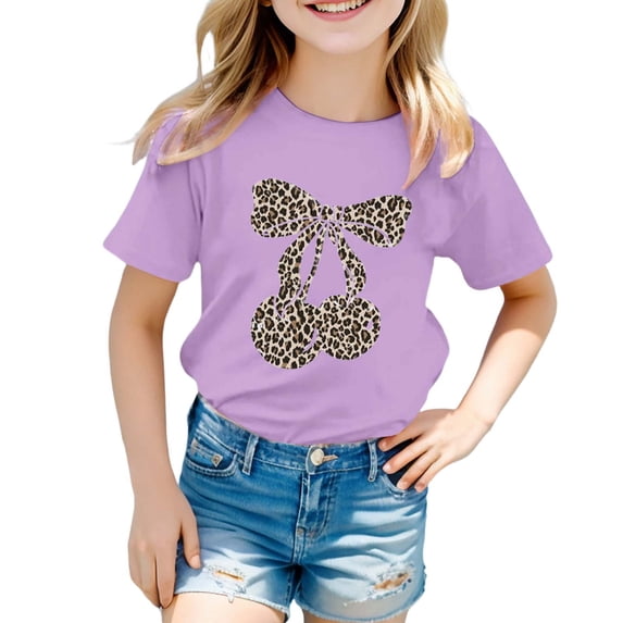 FINALGANG Girls Kids Casual Short Sleeve TShirts Leopard Print Cherry Bow Graphic Crewneck Loose Fit Tees For Summer Daily Wear Purple 3-4 Years