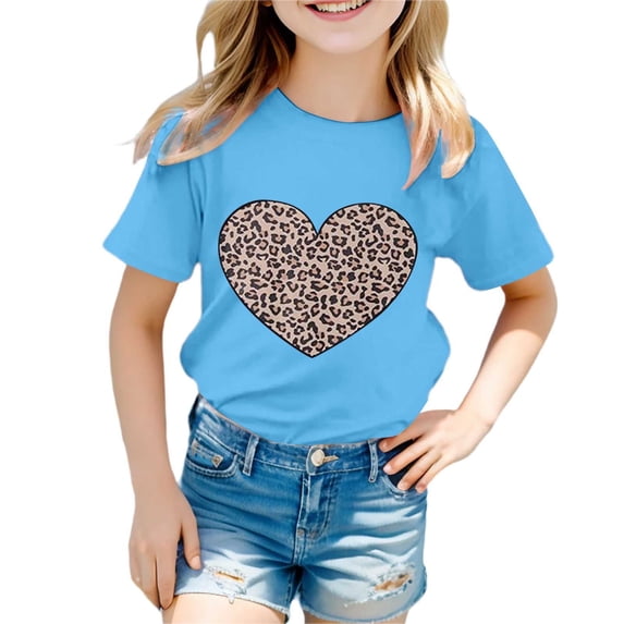 FINALGANG Girls Kids Casual Short Sleeve TShirts Leopard Print Heart Graphic Crewneck Loose Fit Breathable Tees For Casual Daily Wear Blue 12-13 Years
