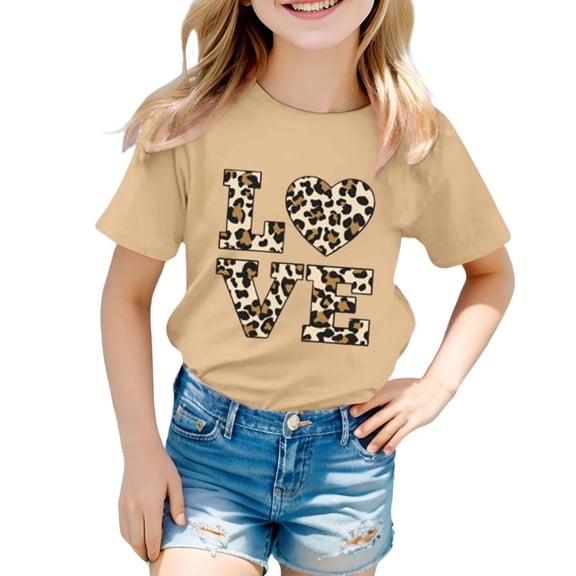 FINALGANG Girls Kids Casual Short Sleeve TShirts Leopard Print Letter Heart Graphic Crewneck Loose Fit Tees For Summer Daily Wear Brown 3-4 Years