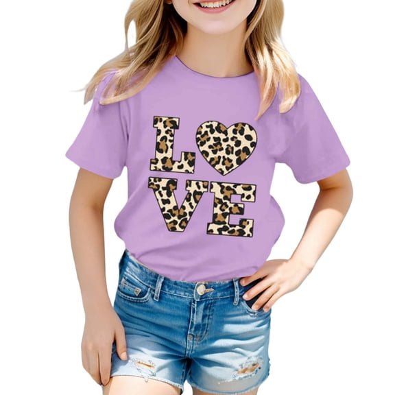 FINALGANG Girls Kids Casual Short Sleeve TShirts Leopard Print Letter Heart Graphic Crewneck Loose Fit Tees For Summer Daily Wear Purple 10-11 Years