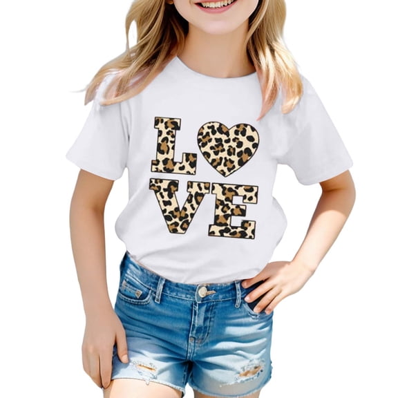 FINALGANG Girls Kids Casual Short Sleeve TShirts Leopard Print Letter Heart Graphic Crewneck Loose Fit Tees For Summer Daily Wear White 3-4 Years