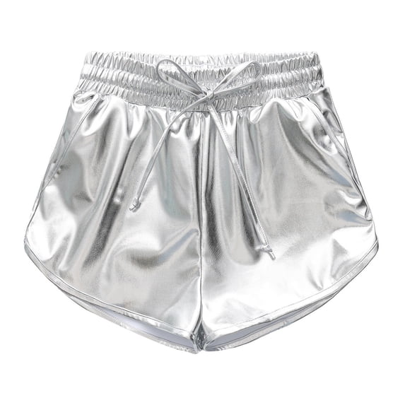 FINALGANG Girls Kids Casual Solid Color Leather Shorts High Waisted Drawstring Waist Loose Fit Shorts For Summer Party Daily Wear Silver 120
