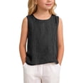 thumbnail image 1 of FINALGANG Girls Kids Casual Solid Color Sleeveless Tank Top Crewneck Lightweight Linen Loose Fit Top For Summer Daily Wear Black 11-12 Years, 1 of 6