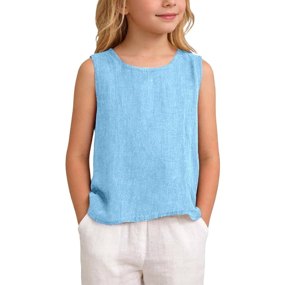 FINALGANG Girls Kids Casual Solid Color Sleeveless Tank Top Crewneck Lightweight Linen Loose Fit Top For Summer Daily Wear Sky Blue 3-4 Years
