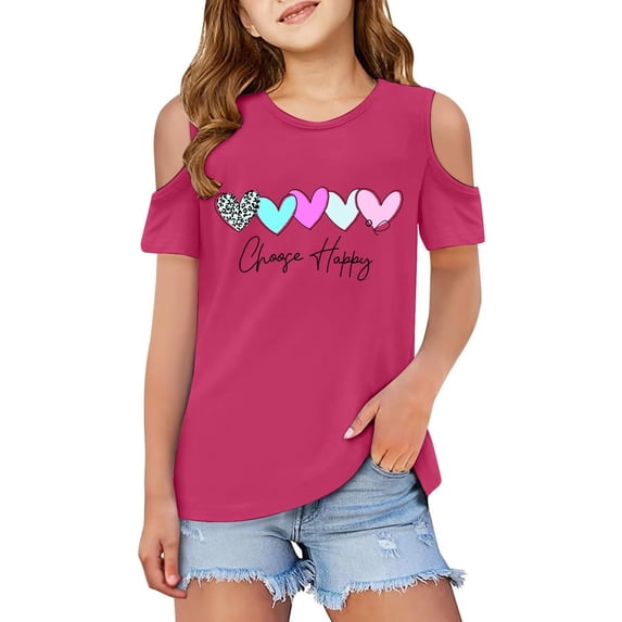 FINALGANG Girls Kids Cold Shoulder TShirts With Heart Prints Short Sleeve CrewNeck Loose Fit Casual Top For Streetwear Daily Wear Classic Top