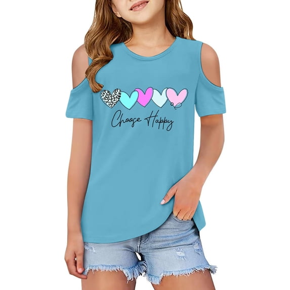 FINALGANG Girls Kids Cold Shoulder TShirts With Heart Prints Short Sleeve CrewNeck Loose Fit Casual Top For Streetwear Daily Wear Classic Top
