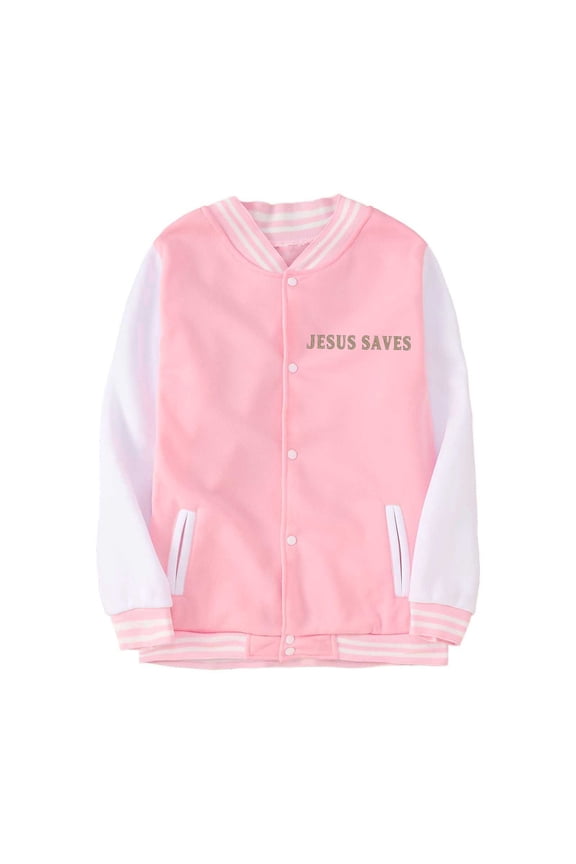 Girls Kids Color Block Varsity Jacket Long Sleeve Button Front Letter Print Striped Rib Hem Casual Baseball Coat For Daily Wear Pink 5-6 Years
