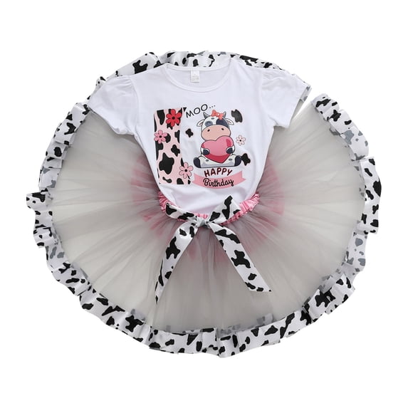 FINALGANG Girls Kids Crew Neck Short Sleeve Happy Birthday Cow Print T Shirt Cow Print Trim Tulle Tutu Skirt Set For Birthday Party Daily Wear Stylish Outfit
