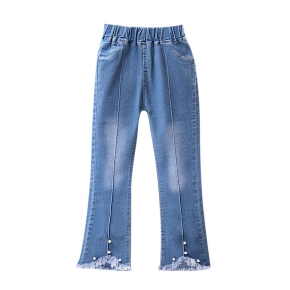 FINALGANG Girls Kids Denim Flared Jeans Elastic Waist Lace Pearl Decor Side Slit Relaxed Fit Denim Pants For Daily Casual Wear Cute Bottoms