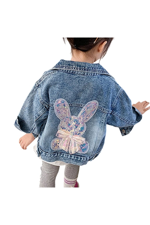 Girls Kids Denim Jacket Casual Loose Fit Jean Coat With Back Bunny Embroidery Long Sleeve Collared Jacket For Daily Wear Adorable Outerwear