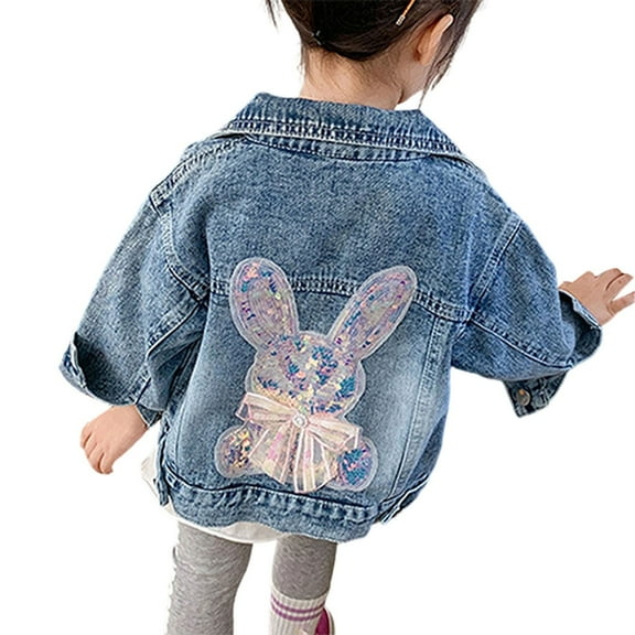 FINALGANG Girls Kids Denim Jacket Casual Loose Fit Jean Coat With Back Bunny Embroidery Long Sleeve Collared Jacket For Daily Wear Trendy Outerwear