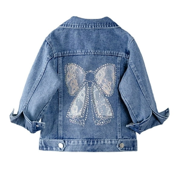 FINALGANG Girls Kids Denim Jacket Casual Loose Fit Jean Coat With Back Butterfly Embroidery Long Sleeve Collared Jacket For Daily Wear Cute Outerwear