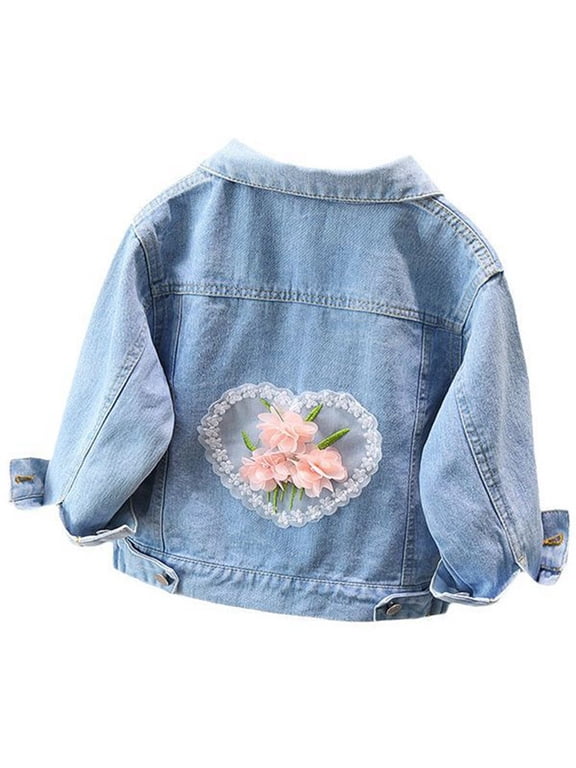 Girls Kids Denim Jacket With Pearl Embellished Bow Embroidery On Back Turn Down Collar Long Sleeve Casual Outerwear For Daily Wear Light Pink 8-9 Years
