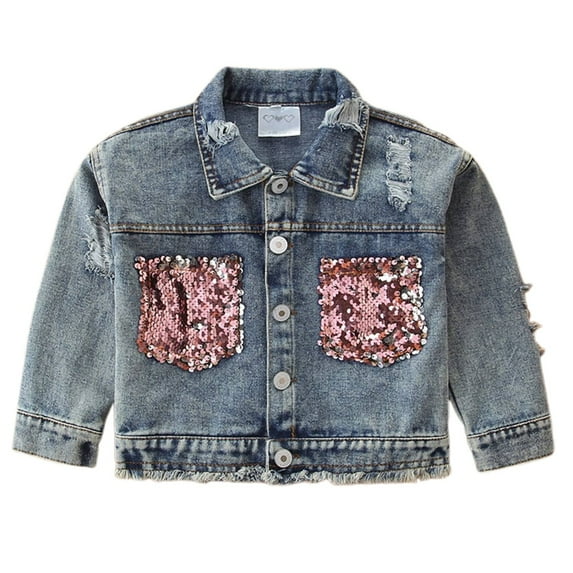 FINALGANG Girls Kids Denim Jacket Vintage Relaxed Fit Jean Coat With Sequins Pockets Long Sleeve Buttoned Collared Jacket For Casual Daily Wear Cute Outerwear