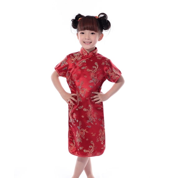 FINALGANG Girls Kids Dragon Floral Brocade Cheongsam Dress Short Sleeve Mandarin Collar Qipao For Traditional Festive Occasionss Cute Dress