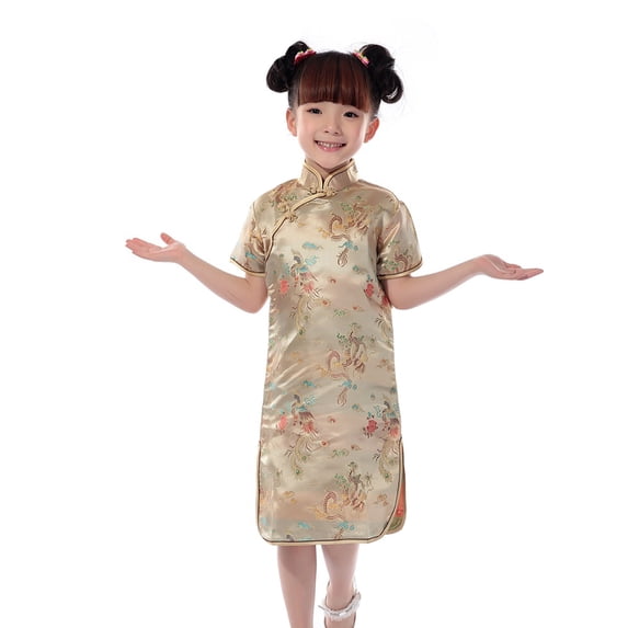 FINALGANG Girls Kids Dragon Floral Brocade Cheongsam Dress Short Sleeve Mandarin Collar Qipao For Traditional Festive Occasionss Lovely Dress