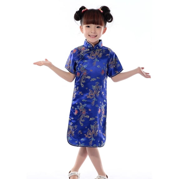 FINALGANG Girls Kids Dragon Floral Brocade Cheongsam Dress Short Sleeve Mandarin Collar Qipao For Traditional Festive Occasionss Versatile Dress