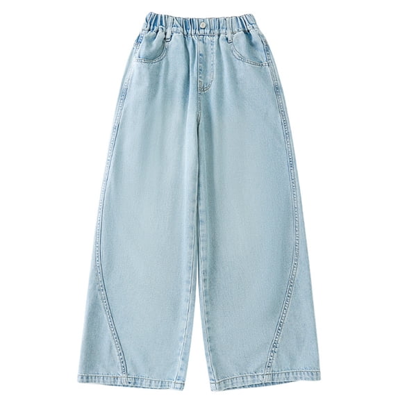FINALGANG Girls Kids Elastic Waist Barrel Jeans With Contrast Stitching Seam Relaxed Fit Soft Light Wash Denim Pants For Daily Wear Playtime Casual Summer Outings Stylish Trousers