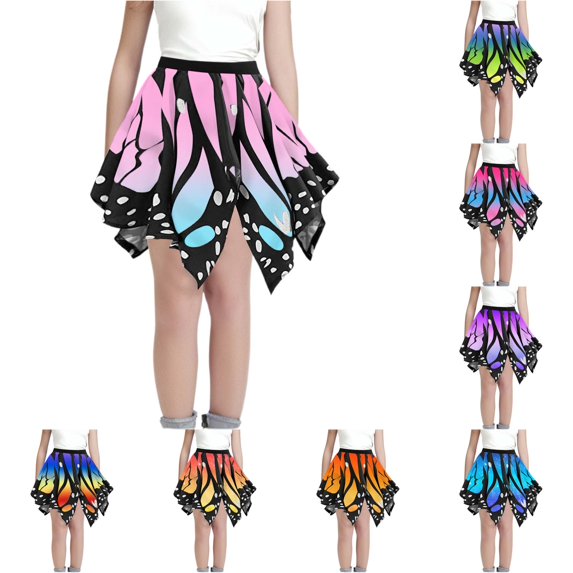 FINALGANG Girls Kids Elastic Waist Butterfly Wing Galaxy Print Irregular Hem Flared Swing Stretchy Casual Performance Mini Skirt For Child Leisure Skirt 7-8 Years