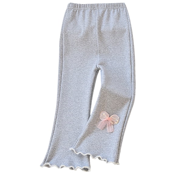FINALGANG Girls Kids Elastic Waist Flare Pants With Lace Bow Decor Wavy Ruffle Hem Casual Soft Trousers For Outdoor Daily Party Wear Light Gray 5-6 Years