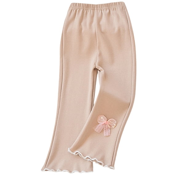 FINALGANG Girls Kids Elastic Waist Flare Pants With Lace Bow Decor Wavy Ruffle Hem Casual Soft Trousers For Outdoor Daily Party Wear Khaki 2-3 Years