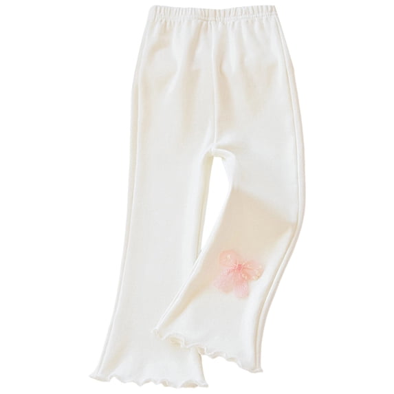 FINALGANG Girls Kids Elastic Waist Flare Pants With Lace Bow Decor Wavy Ruffle Hem Casual Soft Trousers For Outdoor Daily Party Wear White 4-5 Years