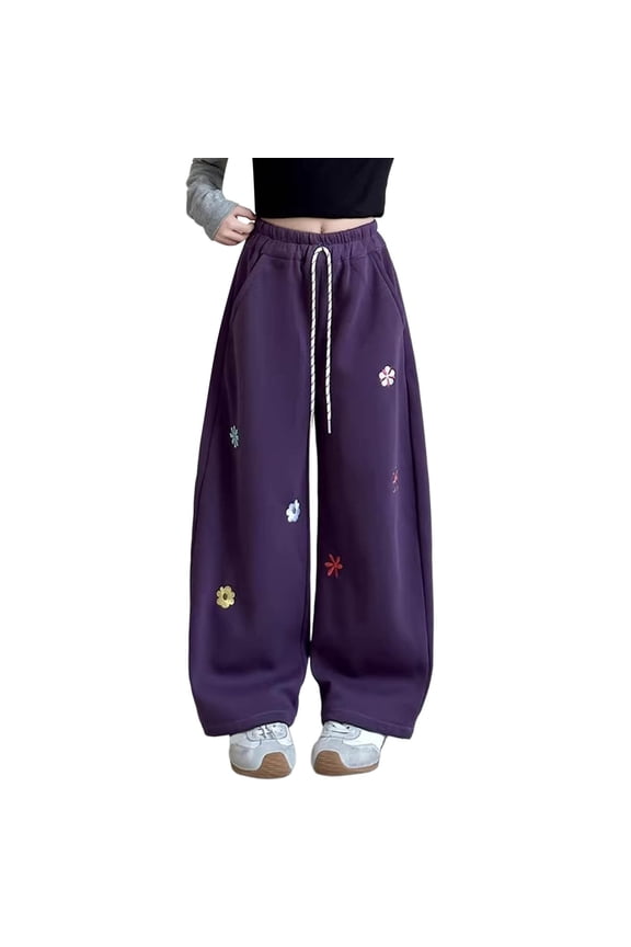 Girls Kids Floral Embroidery Athletic Flared Pants Elastic Waisted Drawstring Wide Leg Joggers For Outdoor Activities Trendy Bottoms
