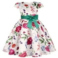 thumbnail image 1 of FINALGANG Girls Kids Floral Print Dress Cap Sleeve Crewneck Satin Bow Waist Flared Skirt Princess Party Dress For Daily Wear Trendy Dress, 1 of 8