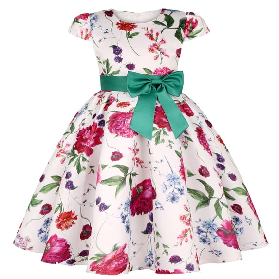 FINALGANG Girls Kids Floral Print Dress Cap Sleeve Crewneck Satin Bow Waist Flared Skirt Princess Party Dress For Daily Wear Trendy Dress