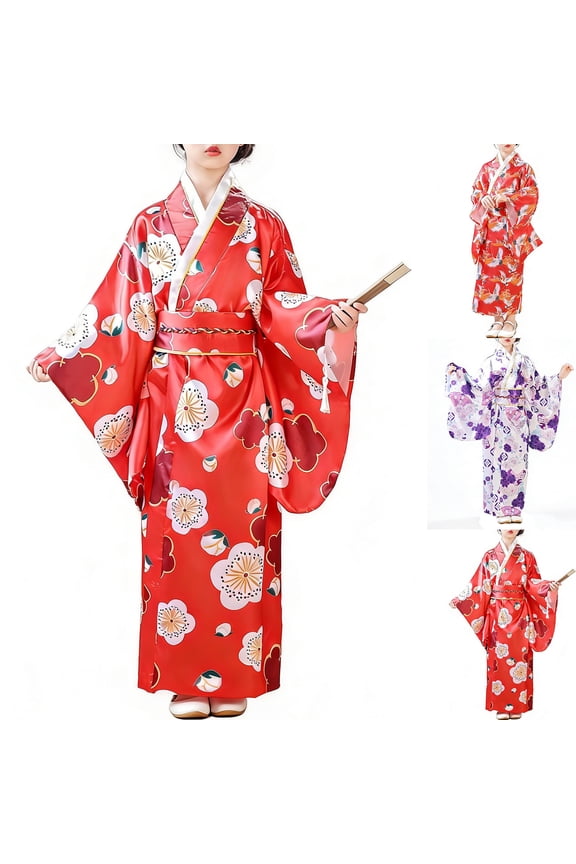 Girls Kids Floral Print Kimono Traditional Wide Sleeve Satin Robe With Obi Belt For Party Daily Wear Trendy Dress