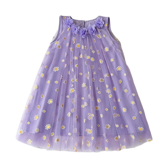 FINALGANG Girls Kids Floral Print Tulle Dress Sleeveless Floral Applique Neck A Line Casual Party Dress For Spring Summer Daily Wear Lovely Dress