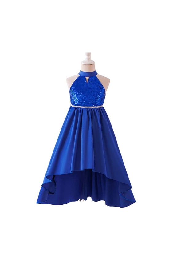 Girls Kids Halter Neck Keyhole Hollow Sleeveless Sequin Bodice Rhinestone Waist High Low Hem Formal Pageant Evening Gown For Young Girl Trendy Dress 5-6 Years